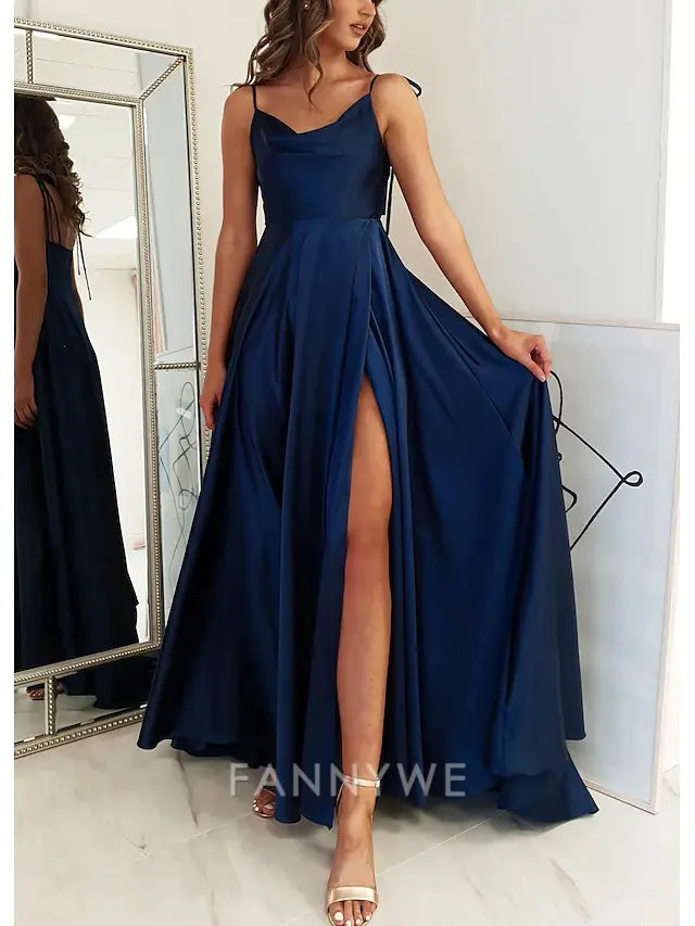 FannyWe Simple A-Line Wedding Guest Dresses Elegant Dress Formal Prom Floor Length Sleeveless Spaghetti Strap Satin with Ruched Strappy